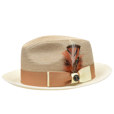 Bruno Capelo Georgio Two-Tone Straw Fedora in Ivory Cognac #color_ Ivory Cognac