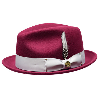 Bruno Capelo Blues Brothers Wool Pinch Front Trilby Hat in Burgundy Silver #color_ Burgundy Silver