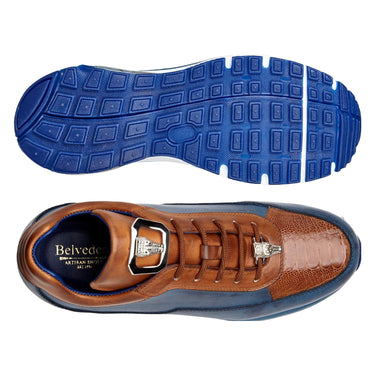 Belvedere Flash in Antique Blue Safari / Antique Almond Caiman Crocodile / Patent / Ostrich Leg High-Top Sneakers in #color_