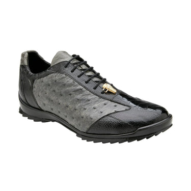 Belvedere Lando in Black / Grey Genuine Ostrich Leg & Italian Calf Sneakers in #color_