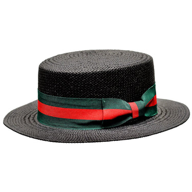 Bruno Capelo Boater Straw Flat Brim Skimmer in Black / Red / Green #color_ Black / Red / Green