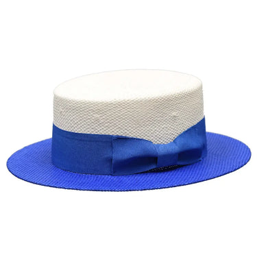 Bruno Capelo Boater Two-Tone Straw Flat Brim Skimmer in White / Blue #color_ White / Blue