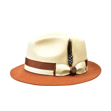 Bruno Capelo Caesar Pinch Front Wool Fedora in Bone / Cognac #color_ Bone / Cognac