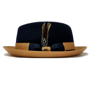 Bruno Capelo Caesar Pinch Front Wool Fedora in Navy / Camel #color_ Navy / Camel