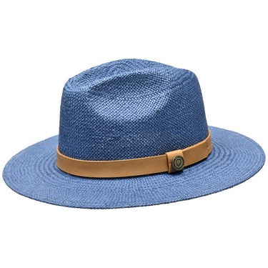 Bruno Capelo Cali Wide Brim Pinch Front Straw Fedora in Denim Blue / Brown #color_ Denim Blue / Brown