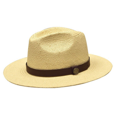 Bruno Capelo Cali Wide Brim Pinch Front Straw Fedora in Natural / Dark Brown #color_ Natural / Dark Brown