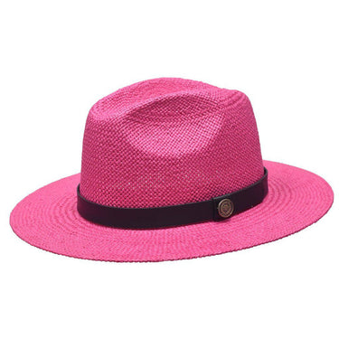 Bruno Capelo Cali Wide Brim Pinch Front Straw Fedora in Fuschia Pink / Black #color_ Fuschia Pink / Black