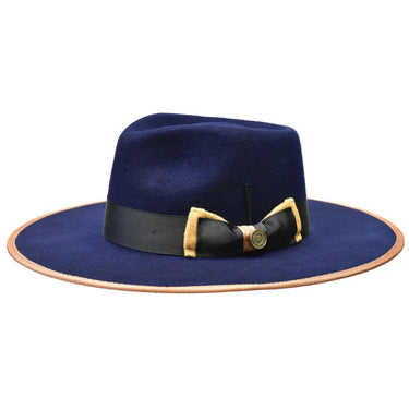 Bruno Capelo Cleveland Wide Brim Wool Fedora in Navy / Cognac #color_ Navy / Cognac