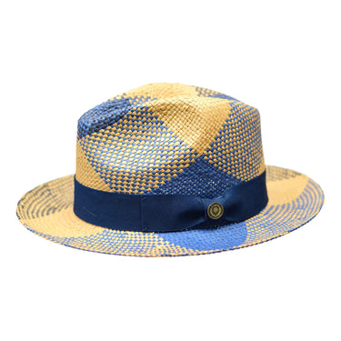 Bruno Capelo Cubano Hand-Dyed Straw Fedora in Denim Blue Cognac #color_ Denim Blue Cognac