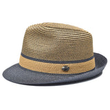 Bruno Capelo Enrique Stingy Brim Straw Fedora in Navy / Cognac #color_ Navy / Cognac