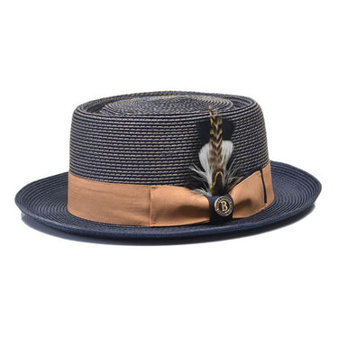 Bruno Capelo Giorgio Timeless Classic Straw Pork Pie in Navy / Cognac #color_ Navy / Cognac