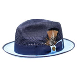 Bruno Capelo Havana Pinch Front Straw Fedora in Navy Light Blue #color_ Navy Light Blue