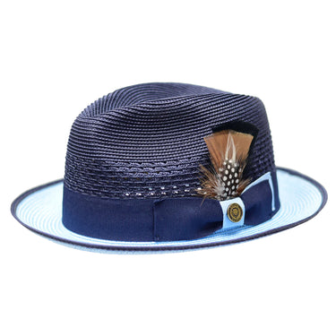 Bruno Capelo Havana Pinch Front Straw Fedora in Navy Light Blue #color_ Navy Light Blue