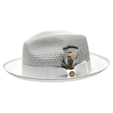 Bruno Capelo Havana Pinch Front Straw Fedora in White / Silver #color_ White / Silver