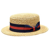 Bruno Capelo Italia 4-Ply Koberg Straw Boater in Natural / Red / Blue #color_ Natural / Red / Blue