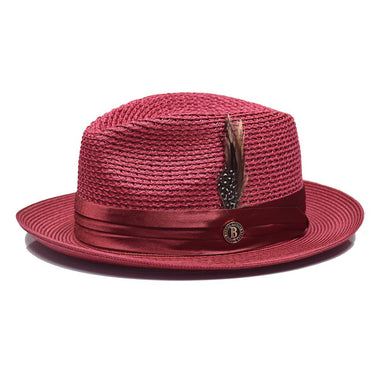 Bruno Capelo Julian Pinch Front Straw Fedora in Burgundy #color_ Burgundy