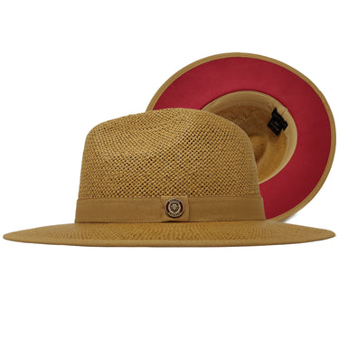 Bruno Capelo Kingdom Red Bottom Wide Brim Straw Fedora in Acorn / Red #color_ Acorn / Red