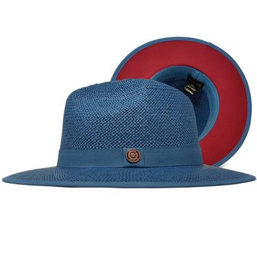 Bruno Capelo Kingdom Red Bottom Wide Brim Straw Fedora in Denim / Red #color_ Denim / Red