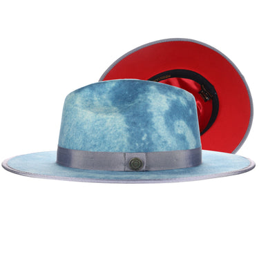 Bruno Capelo Monarch Red Bottom Wide Brim Wool Fedora in Denim Swirl / Red #color_ Denim Swirl / Red