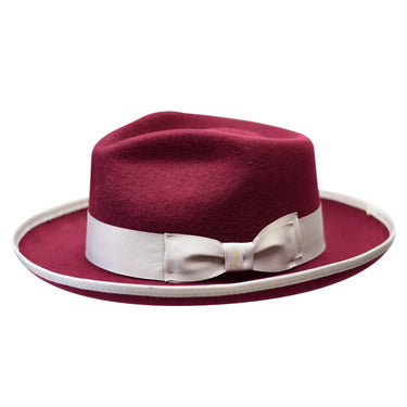 Bruno Capelo Night Hawk Wool Teardrop Crown Fedora in Burgundy / Silver #color_ Burgundy / Silver