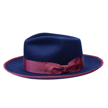 Bruno Capelo Night Hawk Wool Teardrop Crown Fedora in Navy Blue / Maroon #color_ Navy Blue / Maroon