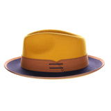 Bruno Capelo Outcast 2-Tone Wool Fedora in Mustard / Navy Blue / Cognac #color_ Mustard / Navy Blue / Cognac