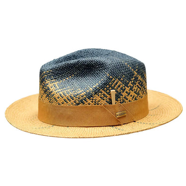 Bruno Capelo Rafi Hand-Dyed Straw Fedora in Denim / Cognac #color_ Denim / Cognac