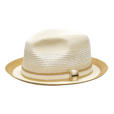 Bruno Capelo Retro 2-Tone Straw Fedora Hat Snap Brim in Ivory Cognac #color_ Ivory Cognac