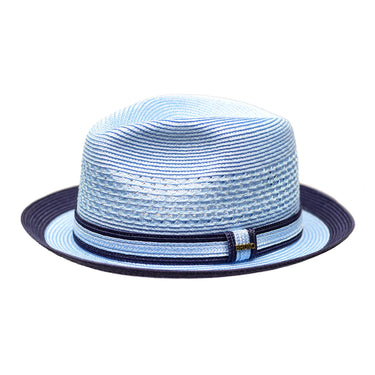 Bruno Capelo Retro 2-Tone Straw Fedora Hat Snap Brim in Light Blue Navy Blue #color_ Light Blue Navy Blue
