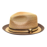 Bruno Capelo Retro 2-Tone Straw Fedora Hat Snap Brim in Tan Brown #color_ Tan Brown