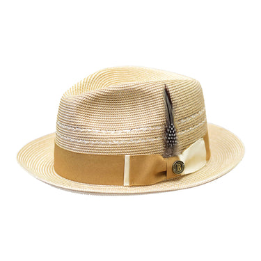 Bruno Capelo Ricardo 2-Tone Straw Fedora Hat Snap Brim in Ivory / Cognac #color_ Ivory / Cognac