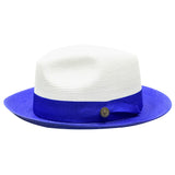 Bruno Capelo Salvatore Pinch Front Straw Fedora in White / Royal #color_ White / Royal