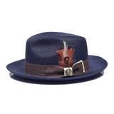 Bruno Capelo Theo Pinch Front Straw Fedora in Navy / Brown #color_ Navy / Brown