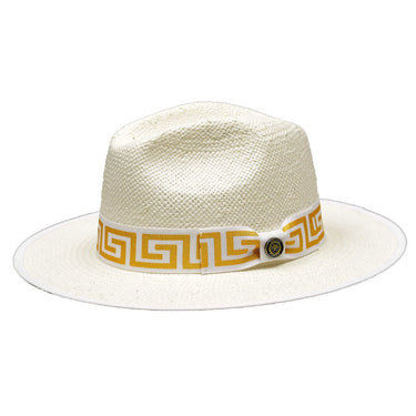 Bruno Capelo Valentino Wide Brim Pinch Front Straw Fedora in White / Gold #color_ White / Gold