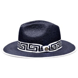 Bruno Capelo Valentino Wide Brim Pinch Front Straw Fedora in Navy / White #color_ Navy / White