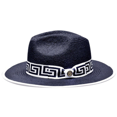 Bruno Capelo Valentino Wide Brim Pinch Front Straw Fedora in Navy / White #color_ Navy / White