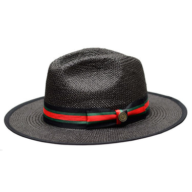 Bruno Capelo Valentino Wide Brim Pinch Front Straw Fedora in Black / Red / Green #color_ Black / Red / Green