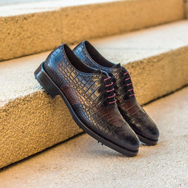 DapperFam Aeron Golf in Black / Dark Brown Men's Italian Croco Embossed Leather Full Brogue in #color_