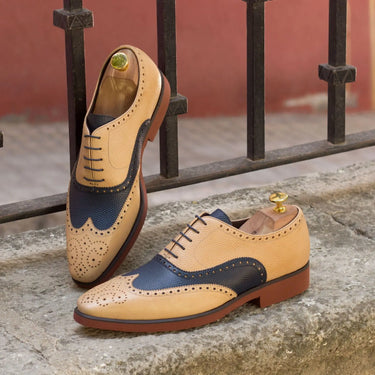 DapperFam Aeron in Fawn / Navy Men's Italian Pebble Grain Leather Full Brogue in #color_