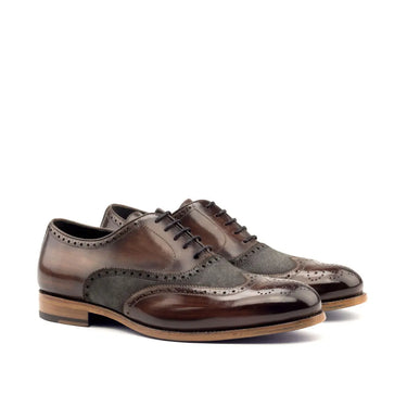 DapperFam Aeron in Grey / Brown Men's Lux Suede & Hand-Painted Patina Full Brogue in Grey / Brown #color_ Grey / Brown