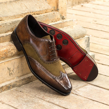 DapperFam Aeron in Khaki / Denim / Brown Men's Lux Suede & Hand-Painted Patina Full Brogue in #color_