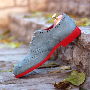 DapperFam Aeron in Light Grey Men's Italian Suede Full Brogue in Light Grey #color_ Light Grey