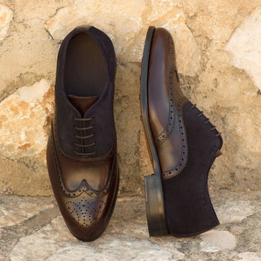 DapperFam Aeron in Navy / Dark Brown Men's Lux Suede & Italian Leather Full Brogue in #color_