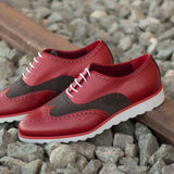 DapperFam Aeron in Red / Grey Men's Lux Suede & Italian Pebble Grain Leather Full Brogue in Red / Grey #color_ Red / Grey