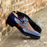 DapperFam Brenno Golf in Cobalt Blue / Med Brown Men's Italian Patent Leather & Italian Embossed Leather Single Monk in #color_