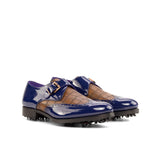 DapperFam Brenno Golf in Cobalt Blue / Med Brown Men's Italian Patent Leather & Italian Embossed Leather Single Monk in Cobalt Blue / Med Brown #color_ Cobalt Blue / Med Brown