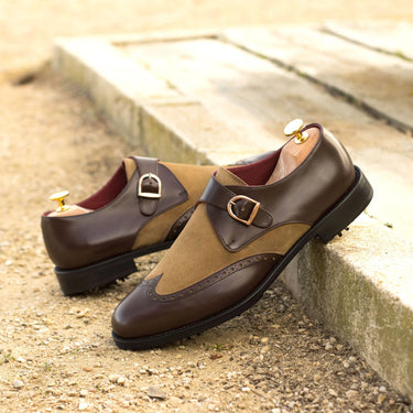 DapperFam Brenno Golf in Dark Brown / Camel Men's Italian Leather & Lux Suede Single Monk in #color_