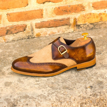 DapperFam Brenno in Camel / Cognac Men's Italian Suede & Hand-Painted Patina Single Monk in #color_