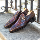 DapperFam Brenno in Dark Brown / Burgundy Men's Italian Croco Embossed Leather Single Monk in #color_