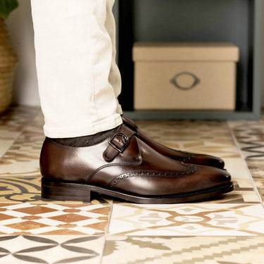 DapperFam Brenno in Dark Brown Men's Italian Leather Single Monk in #color_